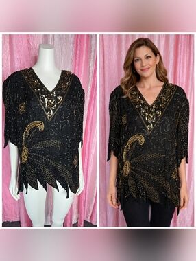 Gold Star Vintage Black Golf Exquisite Sequin Beaded Cocktail Blouse Size 3X